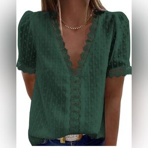 Womens Summer Lace Sleeve V Neck Polka Dot Blouse